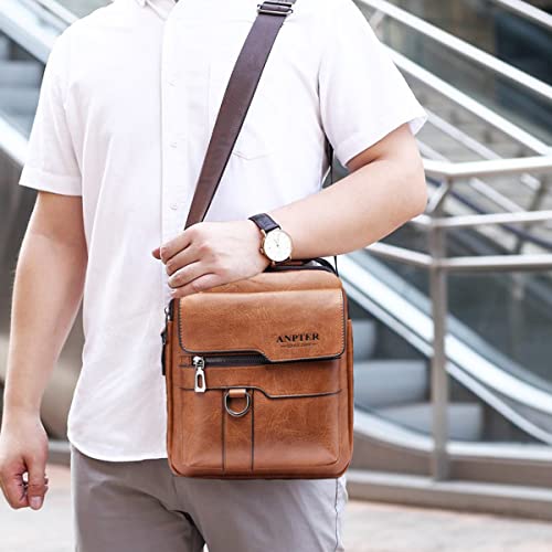 Messenger Bag for Men Crossbody Shoulder Purse Small Vintage PU Leather Satchel Pouch Side Crossover Handbag (Men Messenger Bag for Brown)