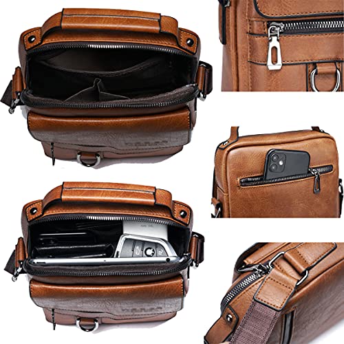 Messenger Bag for Men Crossbody Shoulder Purse Small Vintage PU Leather Satchel Pouch Side Crossover Handbag (Men Messenger Bag for Brown)