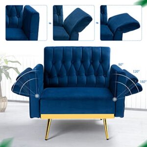 ACMEASE Velvet Accent Chair with Adjustable Armrests and Backrest, Button Tufted Lounge Chair, Single Recliner Armchair with Ottoman and Pillow for Living Room, Bedroom, Blue