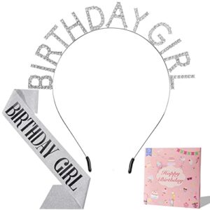 eouq birthday girl headband and sash - rhinestone birthday crown and sash kit - birthday tiara and sash set - silver