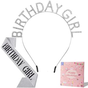 EOUQ Birthday Girl Headband and Sash - Rhinestone Birthday Crown and Sash Kit - Birthday Tiara and Sash Set - Silver