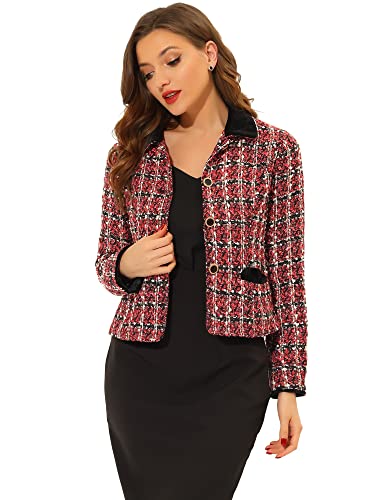 Allegra K Women's Winter Fall Tweed Cropped Suit Blazer Vintage Work Office Short Tweed Jacket Coat Large Red