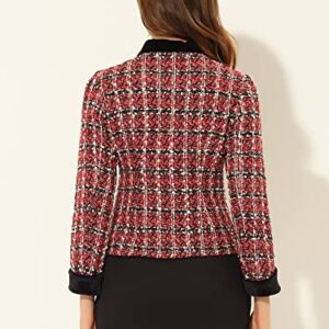 Allegra K Women's Winter Fall Tweed Cropped Suit Blazer Vintage Work Office Short Tweed Jacket Coat Large Red