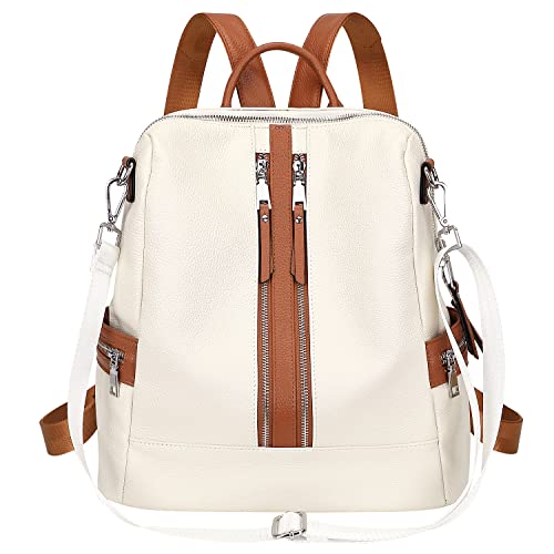 ALTOSY Genuine Leather Backpack Purse for Women Convertible Shoulder Bag Crossbody Bag with Laptop Compartment（S77 White/Brown）