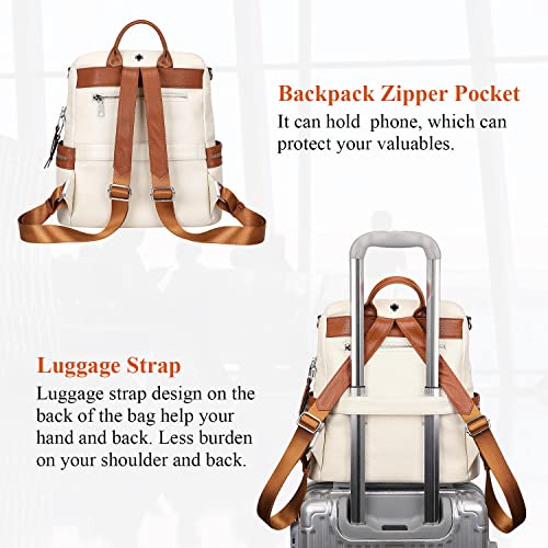 ALTOSY Genuine Leather Backpack Purse for Women Convertible Shoulder Bag Crossbody Bag with Laptop Compartment（S77 White/Brown）