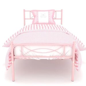 pink twin bed frame for girls, bed mattress foundation support with headboard and footboard no box spring need metal platform bed