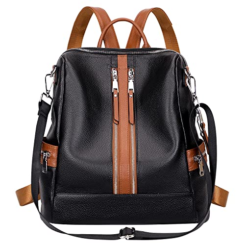 ALTOSY Genuine Leather Backpack Purse for Women Convertible Shoulder Bag Crossbody Bag with Laptop Compartment（S77 Black/Brown）