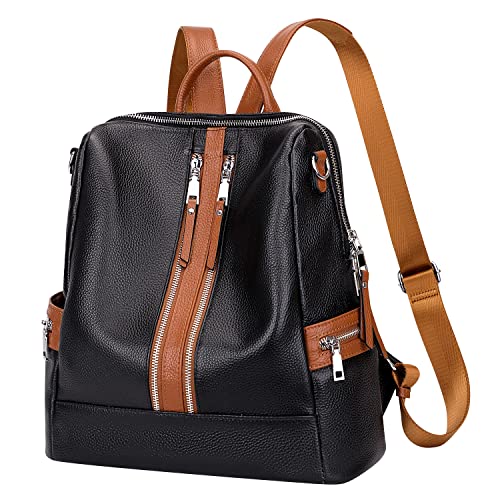 ALTOSY Genuine Leather Backpack Purse for Women Convertible Shoulder Bag Crossbody Bag with Laptop Compartment（S77 Black/Brown）