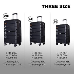 Travelhouse Luggage 3 Piece Set Suitcase with Spinner Wheels TSA Locks PP Luggage Hardside Carry on 20in 24in 28in For Unisex (Black)