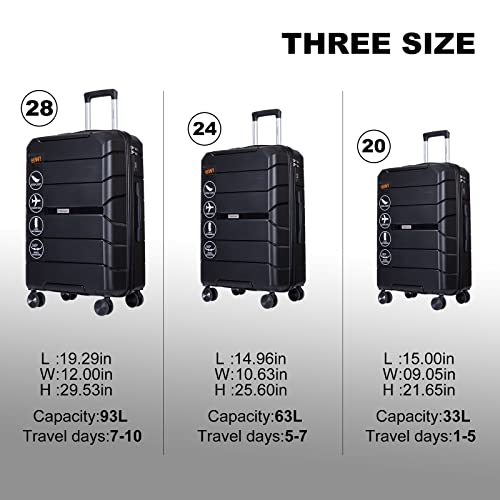 Travelhouse Luggage 3 Piece Set Suitcase with Spinner Wheels TSA Locks PP Luggage Hardside Carry on 20in 24in 28in For Unisex (Black)