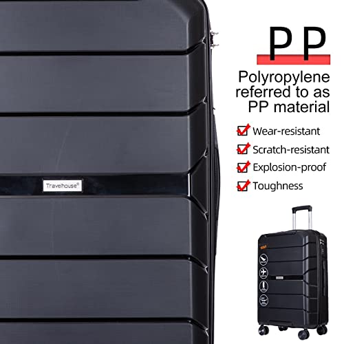 Travelhouse Luggage 3 Piece Set Suitcase with Spinner Wheels TSA Locks PP Luggage Hardside Carry on 20in 24in 28in For Unisex (Black)