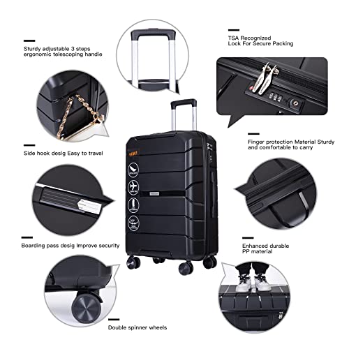 Travelhouse Luggage 3 Piece Set Suitcase with Spinner Wheels TSA Locks PP Luggage Hardside Carry on 20in 24in 28in For Unisex (Black)