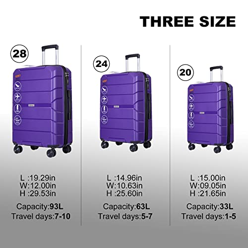 Travelhouse Luggage Set 3piece, Wear-Resistance Hardshell Ligthwegt Spinner Wheels Suitcase Set with Tsa Lock, PP Carry on luggage(20" 24" 28") for men and women (Purple 31)