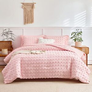 6 pieces tufted dots bed in a bag twin comforter set girls pink , soft and embroidery shabby chic boho bohemian comforters, luxury solid color with pom pom design, jacquard tufts bedding set for kids
