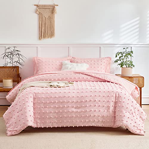 6 Pieces Tufted Dots Bed in a Bag Twin Comforter Set Girls Pink , Soft and Embroidery Shabby Chic Boho Bohemian Comforters, Luxury Solid Color with Pom Pom Design, Jacquard Tufts Bedding Set for Kids