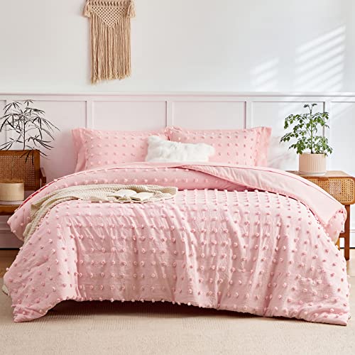 6 Pieces Tufted Dots Bed in a Bag Twin Comforter Set Girls Pink , Soft and Embroidery Shabby Chic Boho Bohemian Comforters, Luxury Solid Color with Pom Pom Design, Jacquard Tufts Bedding Set for Kids