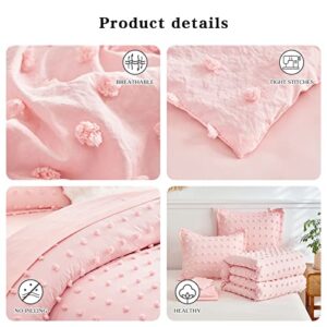 6 Pieces Tufted Dots Bed in a Bag Twin Comforter Set Girls Pink , Soft and Embroidery Shabby Chic Boho Bohemian Comforters, Luxury Solid Color with Pom Pom Design, Jacquard Tufts Bedding Set for Kids