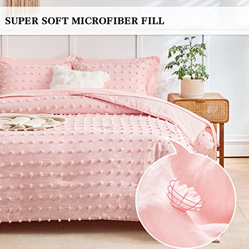 6 Pieces Tufted Dots Bed in a Bag Twin Comforter Set Girls Pink , Soft and Embroidery Shabby Chic Boho Bohemian Comforters, Luxury Solid Color with Pom Pom Design, Jacquard Tufts Bedding Set for Kids