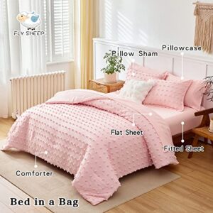 6 Pieces Tufted Dots Bed in a Bag Twin Comforter Set Girls Pink , Soft and Embroidery Shabby Chic Boho Bohemian Comforters, Luxury Solid Color with Pom Pom Design, Jacquard Tufts Bedding Set for Kids