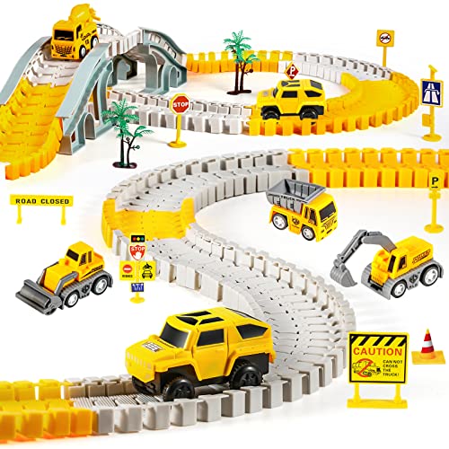 Kizplays 260 PCS Construction Race Tracks for Kids Toys, 2 Electric Cars, 4 Construction Cars, 1 Map & Flexible DIY Track Set, Engineering Gifts for 3 4 5 6 Year Old Boys Girls