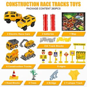 Kizplays 260 PCS Construction Race Tracks for Kids Toys, 2 Electric Cars, 4 Construction Cars, 1 Map & Flexible DIY Track Set, Engineering Gifts for 3 4 5 6 Year Old Boys Girls