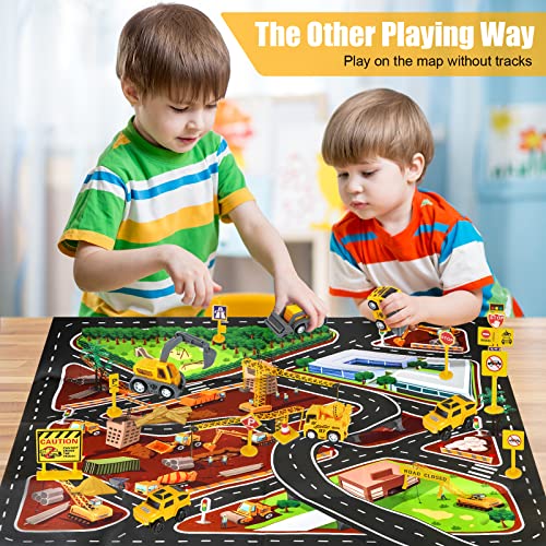 Kizplays 260 PCS Construction Race Tracks for Kids Toys, 2 Electric Cars, 4 Construction Cars, 1 Map & Flexible DIY Track Set, Engineering Gifts for 3 4 5 6 Year Old Boys Girls