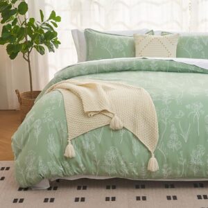 litanika comforter full size bed set sage green, 3 pieces floral lightweight bedding comforter sets, gift choice cute flowers botanical soft blanket (1 comforter, 2 pillowcases)