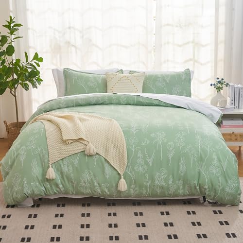 Litanika Comforter Full Size Bed Set Sage Green, 3 Pieces Floral Lightweight Bedding Comforter Sets, Gift Choice Cute Flowers Botanical Soft Blanket (1 Comforter, 2 Pillowcases)