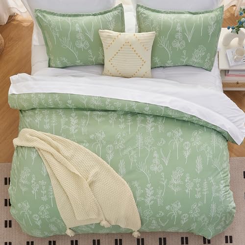 Litanika Comforter Full Size Bed Set Sage Green, 3 Pieces Floral Lightweight Bedding Comforter Sets, Gift Choice Cute Flowers Botanical Soft Blanket (1 Comforter, 2 Pillowcases)