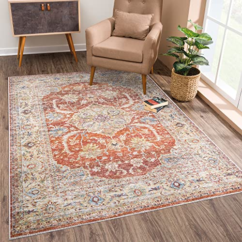 Bloom Rugs Caria Washable Non-Slip 8x10 Rug - Orange/Olive Beige Traditional Area Rug for Living Room, Bedroom, Dining Room, and Kitchen - Exact Size: 7'8" x 10'