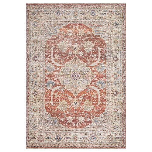 Bloom Rugs Caria Washable Non-Slip 8x10 Rug - Orange/Olive Beige Traditional Area Rug for Living Room, Bedroom, Dining Room, and Kitchen - Exact Size: 7'8" x 10'