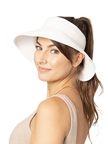 Ocean Pacific Beach Roll Up Straw Sun Hat Visor for Women, Sun Protection UPF 50 (White)