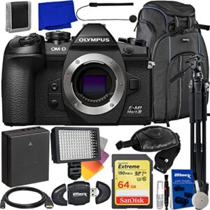 olympus om-d e-m1 mark iii mirrorless camera (body only) + sandisk 64gb extreme sdxc, spare battery, lightweight 60” tripod, ultra-bright 160 led video light with diffusers & much more (21pc bundle)