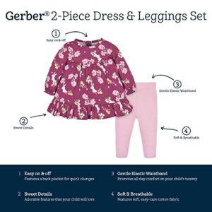 Gerber Baby Girls Toddler 2-Piece Long Sleeve Dress & Leggings Set, Pink Bouquets, 18 Months