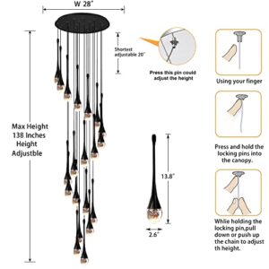 ykolupty 138'' High Black 20Lights Spiral Staircase Pendant Chandelier Lampara de Living Room Ceiling Crystal Chandeliers Foyer Entrance Crystal Chandelier Raindrops Bubble LED 2700-6000K Dimmable