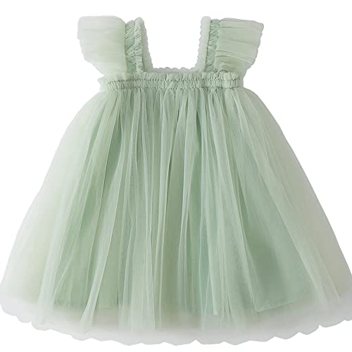 Baby Girls Layered Fly Sleeve Tutu Dress Casual Party Tulle Tunic Dresses Light Green 9-12 Months