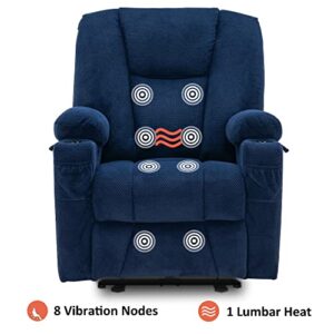 MCombo Fabric Electric Power Recliner Chair with Heat and Massage, Cup Holders, USB Charge Ports, Extended Footrest, Cloth Powered Reclining for Living Room 8015 (Navy Blue, Single Recliner)