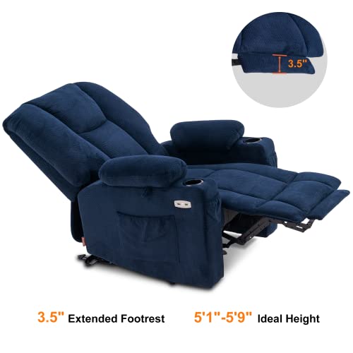 MCombo Fabric Electric Power Recliner Chair with Heat and Massage, Cup Holders, USB Charge Ports, Extended Footrest, Cloth Powered Reclining for Living Room 8015 (Navy Blue, Single Recliner)