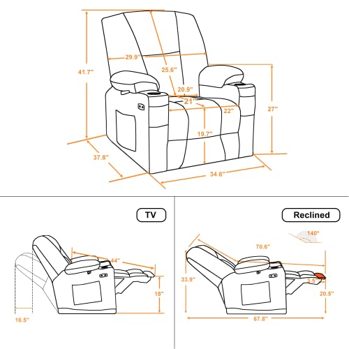 MCombo Fabric Electric Power Recliner Chair with Heat and Massage, Cup Holders, USB Charge Ports, Extended Footrest, Cloth Powered Reclining for Living Room 8015 (Navy Blue, Single Recliner)