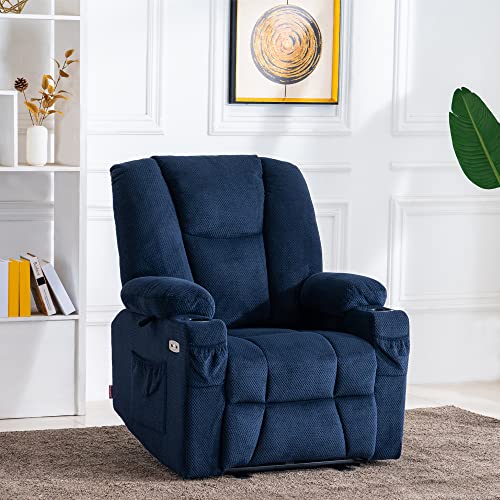 MCombo Fabric Electric Power Recliner Chair with Heat and Massage, Cup Holders, USB Charge Ports, Extended Footrest, Cloth Powered Reclining for Living Room 8015 (Navy Blue, Single Recliner)