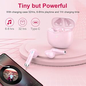 Wireless Earbud, Bluetooth 5.3 Headphones in Ear with Noise Cancelling Mic, Bluetooth Earbud Stereo Bass, IP7 Waterproof Sports Earphones, 32H Playtime USB C Charging Ear Buds Pink for Android iOS