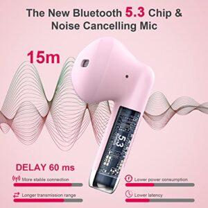 Wireless Earbud, Bluetooth 5.3 Headphones in Ear with Noise Cancelling Mic, Bluetooth Earbud Stereo Bass, IP7 Waterproof Sports Earphones, 32H Playtime USB C Charging Ear Buds Pink for Android iOS