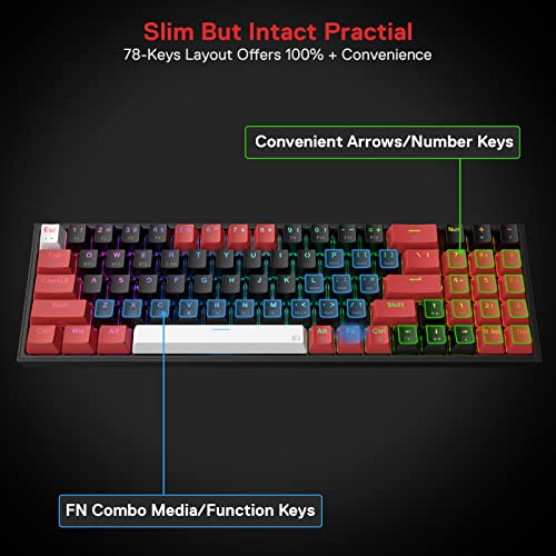 Redragon K628 PRO 75% 3-Mode Wireless RGB Gaming Keyboard, 78 Keys Hot-Swappable Compact Mechanical Keyboard w/Hot-Swap Free-Mod PCB Socket, Dedicated Arrow Keys & Numpad, Red Switch