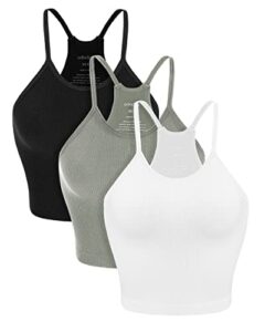 ododos women's crop camisole 3-pack washed seamless rib-knit crop tank tops, long crop, white gray black, medium/large