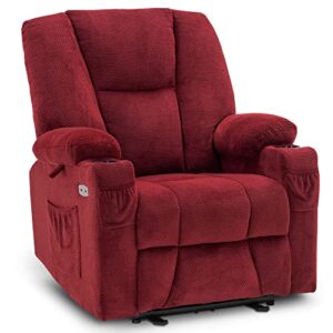 mcombo fabric electric power recliner chair with heat and massage, cup holders, usb ports, powered reclining for living room 8015 (not lift chair) (burgundy, single recliner)
