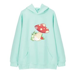 julgirl women's print cute frog hoodie kawaii mushroom sweatshirt for teen girls aesthetic cottagecore clothes long sleeve pocket tops b-green large