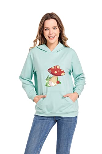 JULGIRL Women's Print Cute Frog Hoodie Kawaii Mushroom Sweatshirt for Teen Girls Aesthetic Cottagecore Clothes Long Sleeve Pocket Tops B-green Large