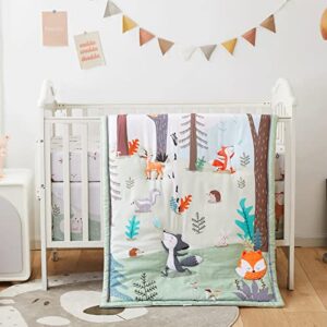 beeweed 3-piece crib bedding set for boys girls, soft baby bedding set including blanket, crib skirt & crib sheets, woodland animal nursery bedding set