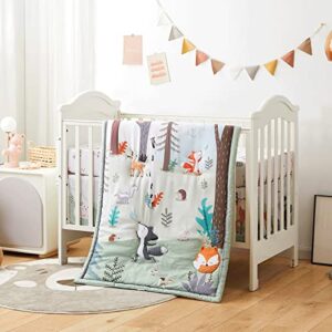 beeweed 3-Piece Crib Bedding Set for Boys Girls, Soft Baby Bedding Set Including Blanket, Crib Skirt & Crib Sheets, Woodland Animal Nursery Bedding Set