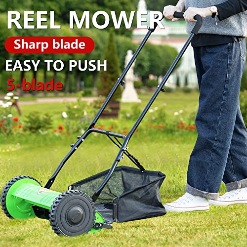 15-Inch Lawn Mowers Push Mower Reel Mower Push, Adjustable Cutting Height with Grass Catcher 5 Steel Blades Easy to Use for a Green Healthy Lawn
